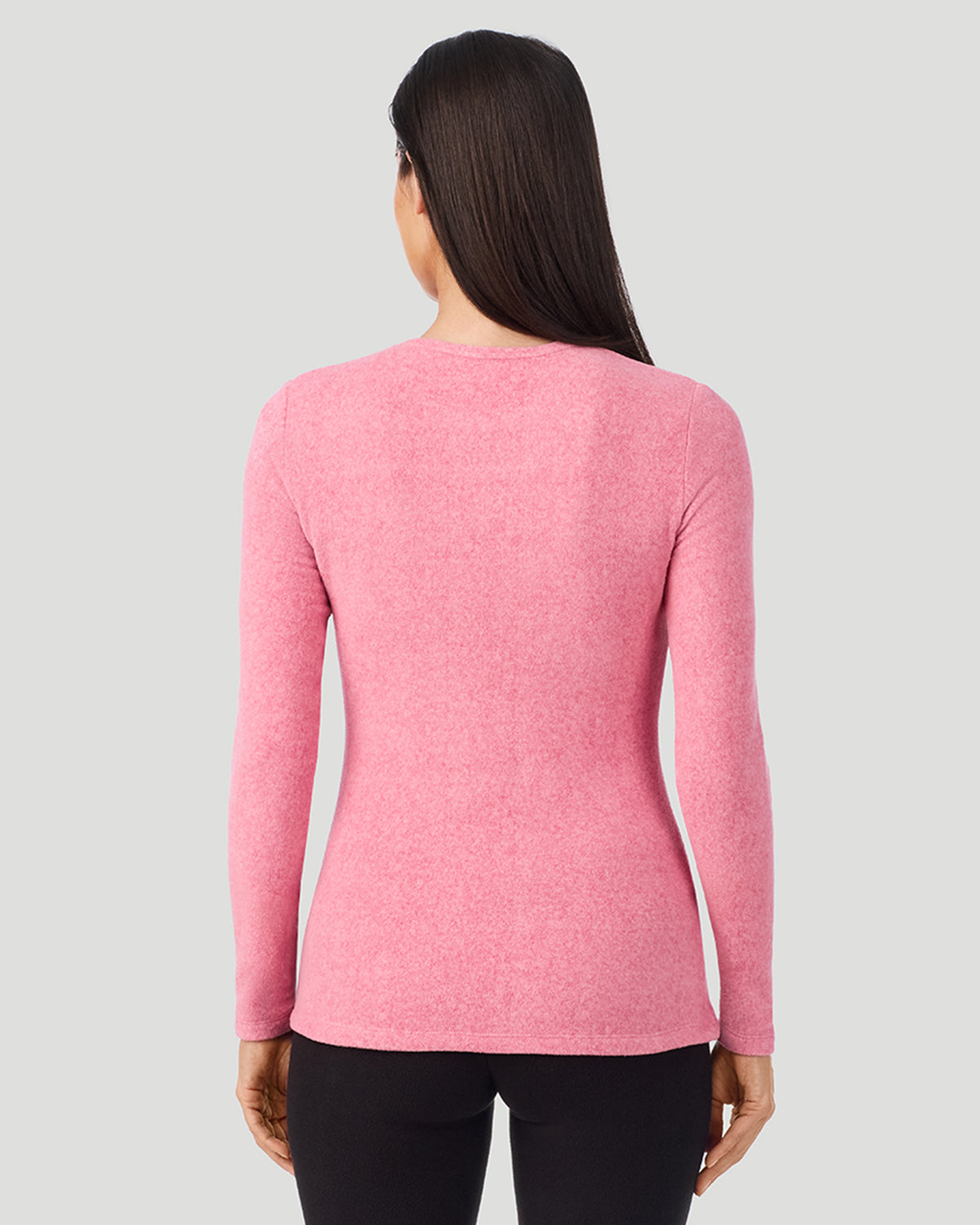 Suede Pink Heather; Model is wearing a size S. She is 5’9”, Bust 34.5”, Waist 25”, Hips 36.5”. @A lady wearing Red Suede Pink Heather Fleecewear with Stretch Long Sleeve Crew in a back view closer look