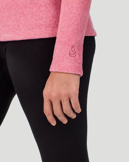 A lady wearing Red Suede Pink Heather Fleecewear with Stretch Long Sleeve Crew in a front view detail close up look