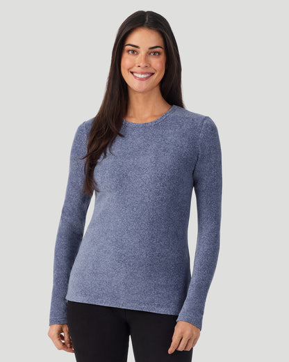 A lady wearing Red Smoke Blue Heather Fleecewear with Stretch Long Sleeve Crew in a front view closer look