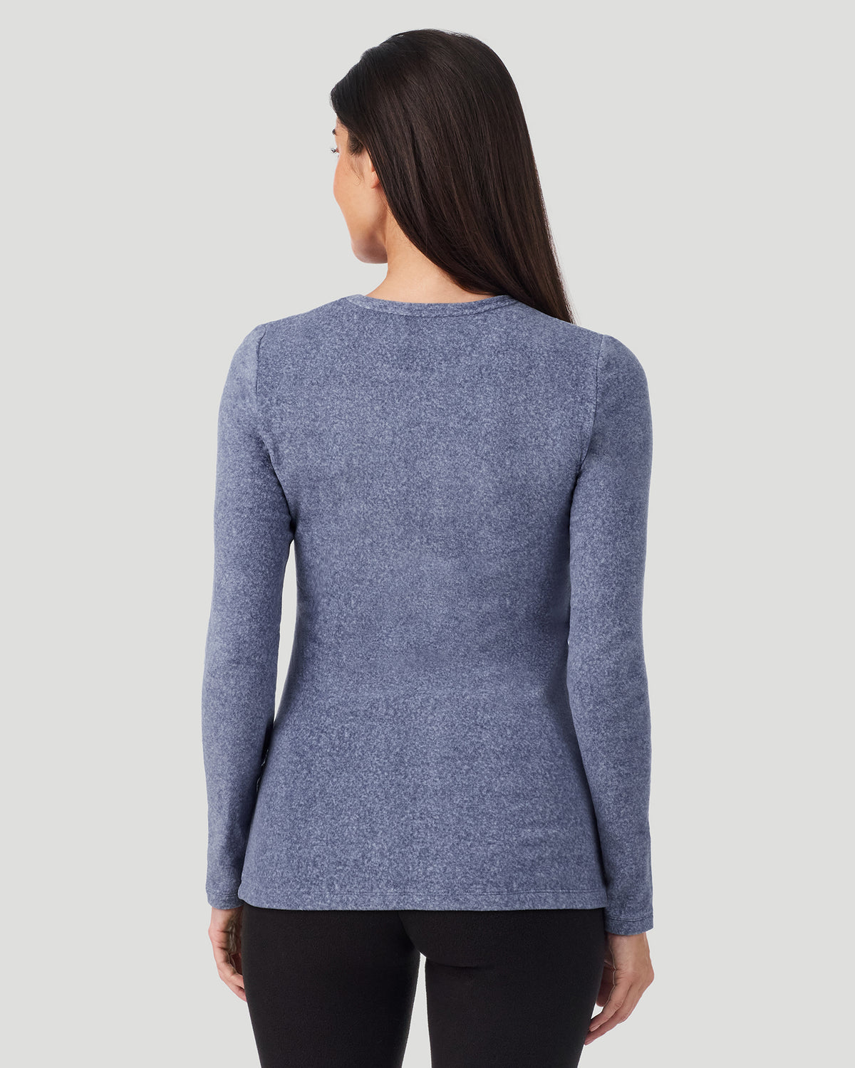 Smoke Blue Heather; Model is wearing a size S. She is 5’9”, Bust 34.5”, Waist 25”, Hips 36.5”. @A lady wearing Red Smoke Blue Heather Fleecewear with Stretch Long Sleeve Crew in a back view closer look