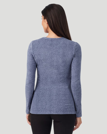 A lady wearing Red Smoke Blue Heather Fleecewear with Stretch Long Sleeve Crew in a back view closer look