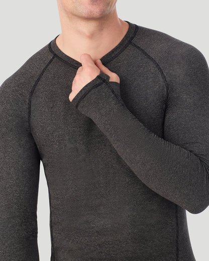  A man wearing Grey Stripe FlexStripe Long Sleeve Crew in a front view detail close up look