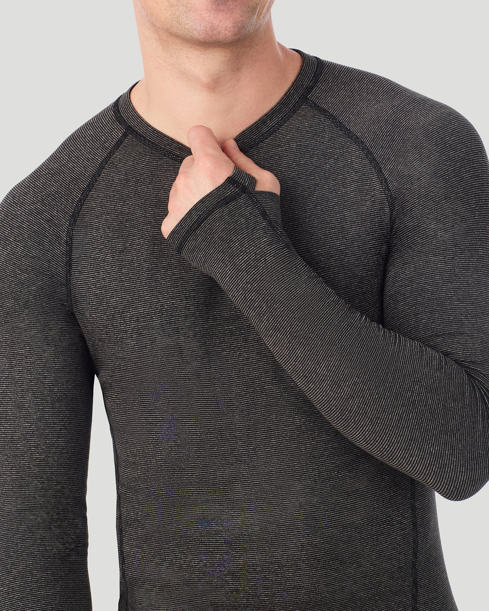 A man wearing Grey Stripe FlexStripe Long Sleeve Crew in a front view detail close up look