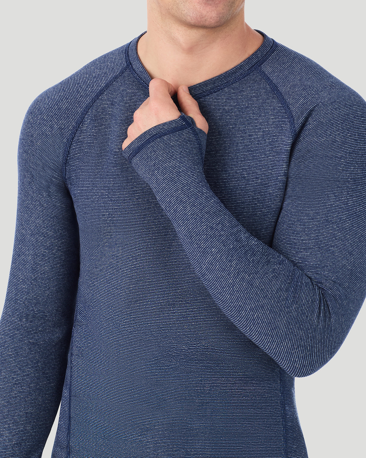 Navy Stripe; Model is wearing a size M. He is 6’2”, Waist is 32”, Inseam 32”.  @ A man wearing Navy Stripe FlexStripe Long Sleeve Crew in a front view closer look