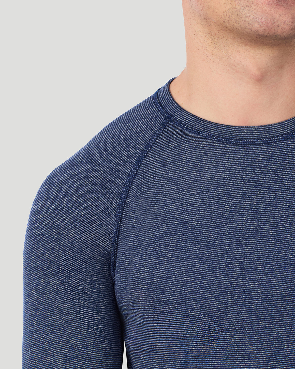  A man wearing Navy Stripe FlexStripe Long Sleeve Crew in a front view detail closer look