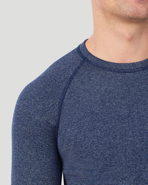  A man wearing Navy Stripe FlexStripe Long Sleeve Crew in a front view detail closer look