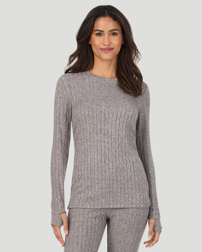 A lady wearing Light Grey Heather Cable Knit Long Sleeve Crew in a front view pose