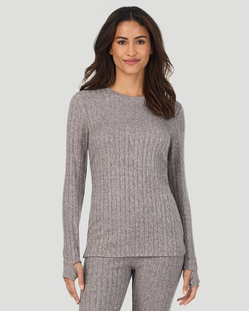 A lady wearing Light Grey Heather Cable Knit Long Sleeve Crew in a front view pose