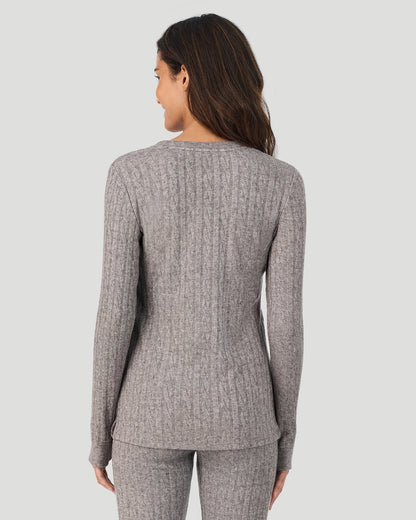 A lady wearing Light Grey Heather Cable Knit Long Sleeve Crew in a back view pose