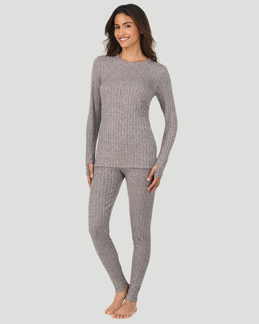 A lady wearing Light Grey Heather Cable Knit Long Sleeve Crew in a front view standing pose