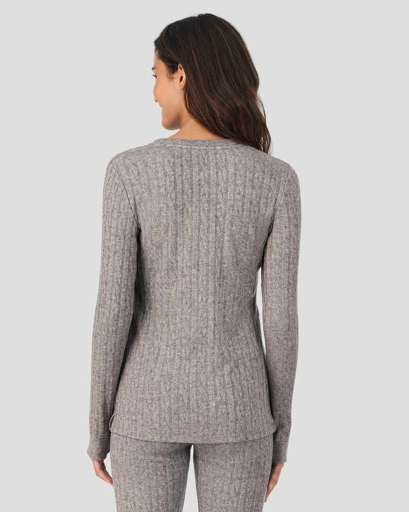 A lady wearing Light Grey Heather Cable Knit Long Sleeve Crew in a back view pose
