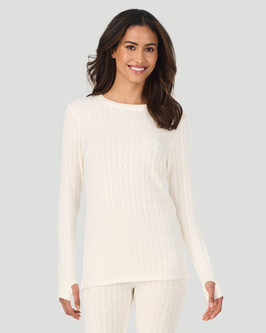 A lady wearing Vanilla Ice Cable Knit Long Sleeve Crew in a front view pose