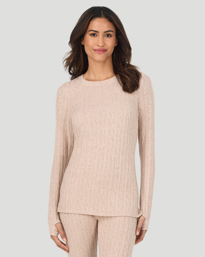 A lady wearing Oatmeal Heather Cable Knit Long Sleeve Crew in a front view pose