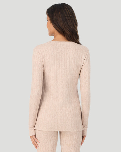 A lady wearing Oatmeal Heather Cable Knit Long Sleeve Crew in a back view pose