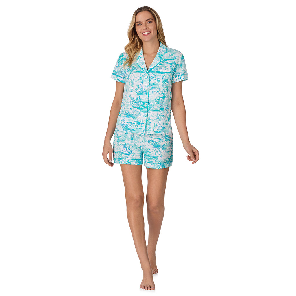 Summer Scene;Model is wearing size S. She is 5’10”, Bust 34”, Waist 26", Hips 38”. @A lady wearing blue Short Sleeve Notch Collar with Boxer Short pajama set with summer scene print