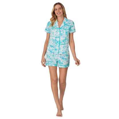 Summer Scene;Model is wearing size S. She is 5’10”, Bust 34”, Waist 26", Hips 38”. @A lady wearing blue Short Sleeve Notch Collar with Boxer Short pajama set with summer scene print