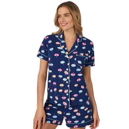 Umbrella; Model is wearing size S. She is 5’10”, Bust 34”, Waist 26", Hips 38”.@A lady wearing blue Short Sleeve Notch Collar with Boxer Short pajama set with umbrella print