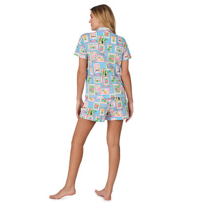 Summer Frame;Model is wearing size S. She is 5’10”, Bust 34”, Waist 26", Hips 38”.@A lady wearing blue Short Sleeve Notch Collar with Boxer Short pajama set with summer frames print