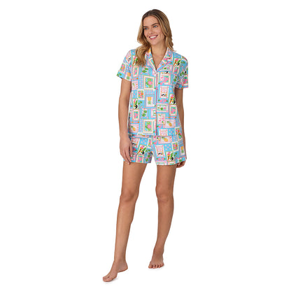 Summer Frame;Model is wearing size S. She is 5’10”, Bust 34”, Waist 26", Hips 38”. @A lady wearing blue Short Sleeve Notch Collar with Boxer Short pajama set with summer frames print