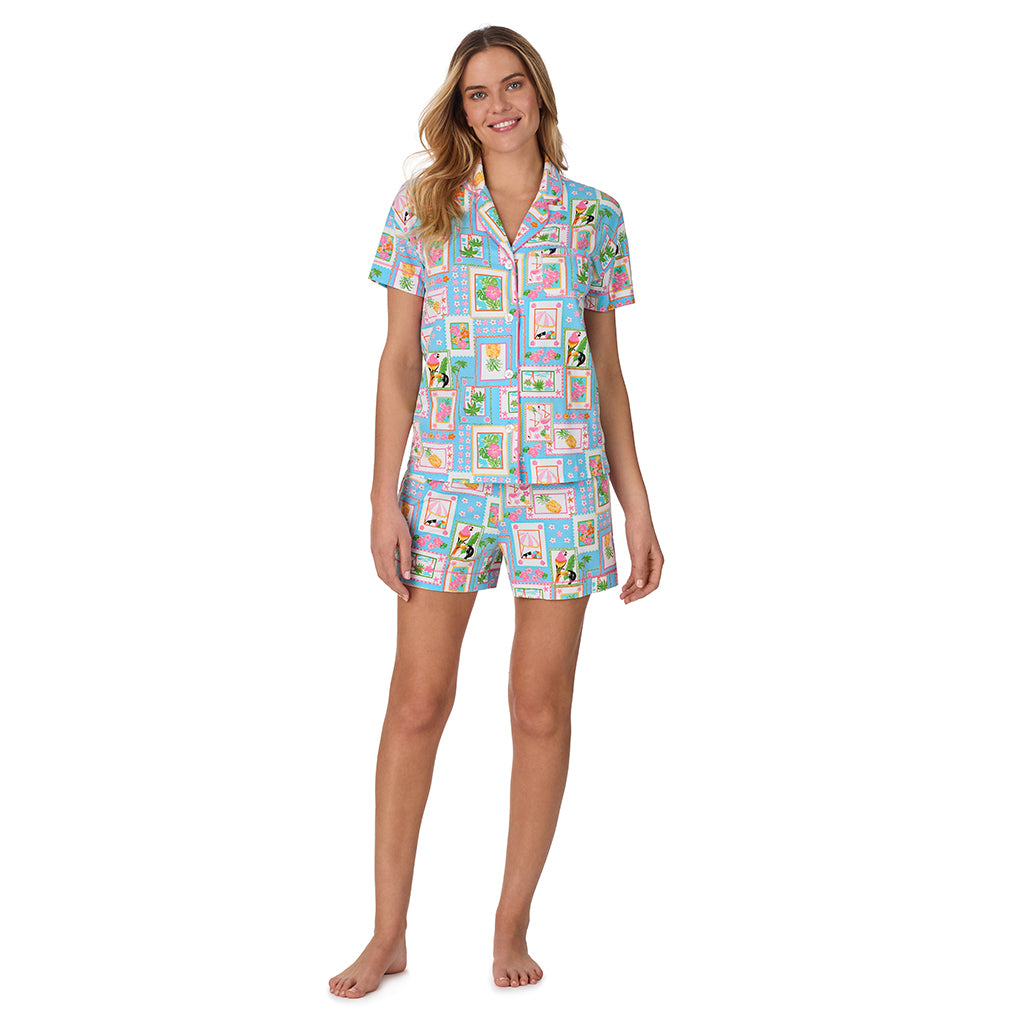 Summer Frame;Model is wearing size S. She is 5’10”, Bust 34”, Waist 26", Hips 38”. @A lady wearing blue Short Sleeve Notch Collar with Boxer Short pajama set with summer frames print