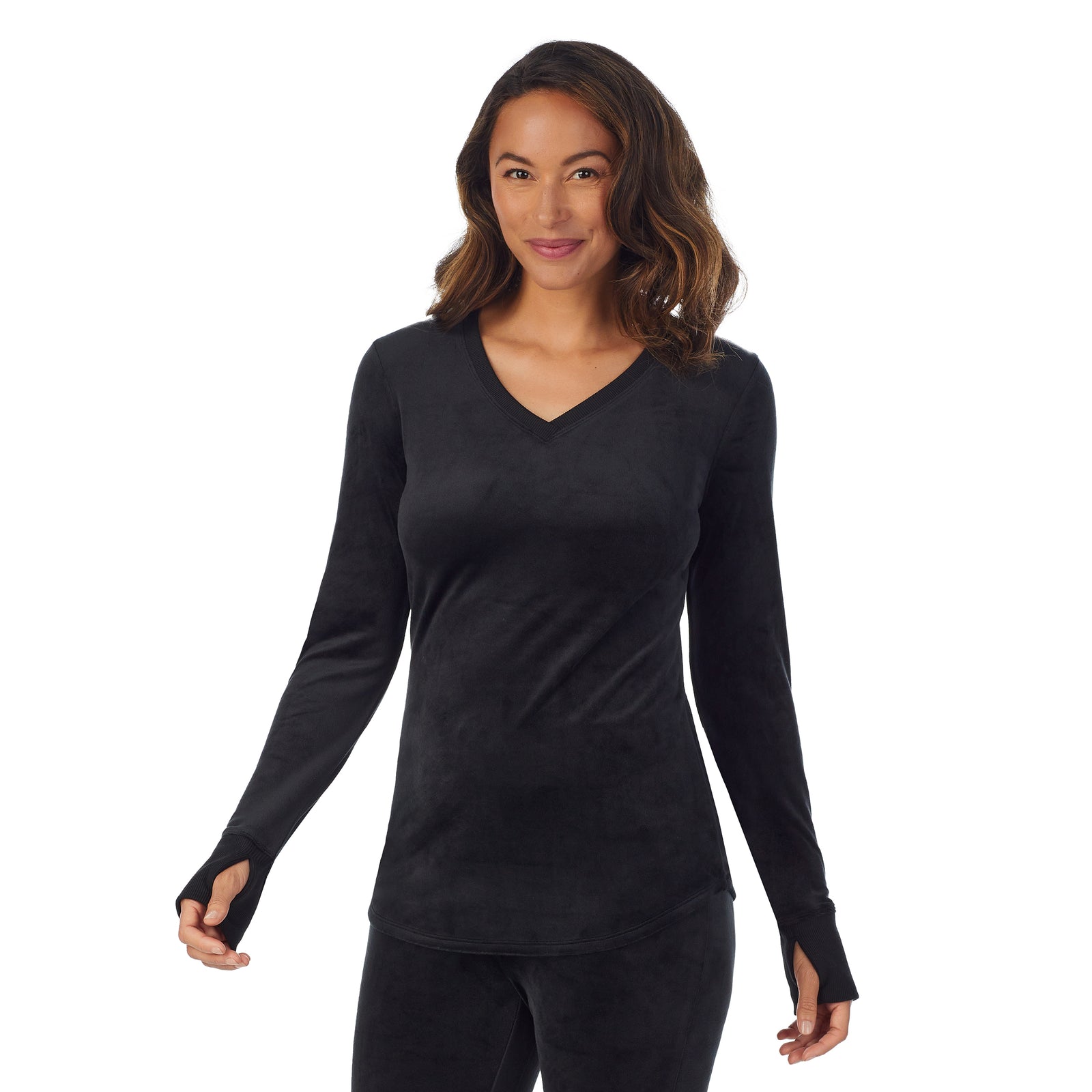 Black; Model is wearing size S. She is 5'8", Bust 34", Waist 26”, Hips 36"@A lady wearing black stretch velour long sleeve v-neck