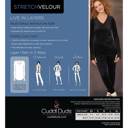 Black; Model is wearing size S. She is 5'8", Bust 34", Waist 26”, Hips 36"@A lady wearing black stretch velour long sleeve v-neck