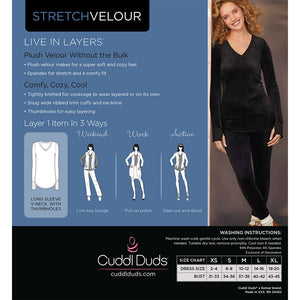A lady wearing black stretch velour long sleeve v-neck