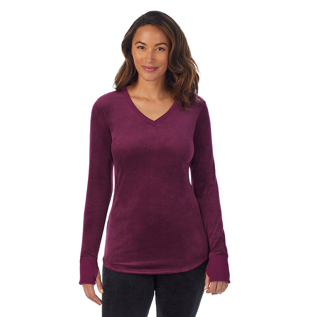 Purple Beet; Model is wearing size S. She is 5'8", Bust 34", Waist 24.5", Hips 35"@ A Lady is wearing Purple Beet Stretch Velour Long Sleeve V-Neck