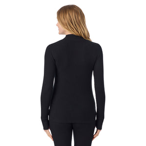A lady wearing Cozy Stretch Thermal Long Sleeve Mock Neck in Black side view side view