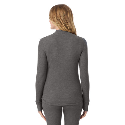 Stone Grey Heather; Model is wearing size S. She is 5'11", Bust 33", Waist 24", Hips 34".@ A lady is wearing a stone grey heather Cozy Stretch Thermal Long Sleeve Mock Neck