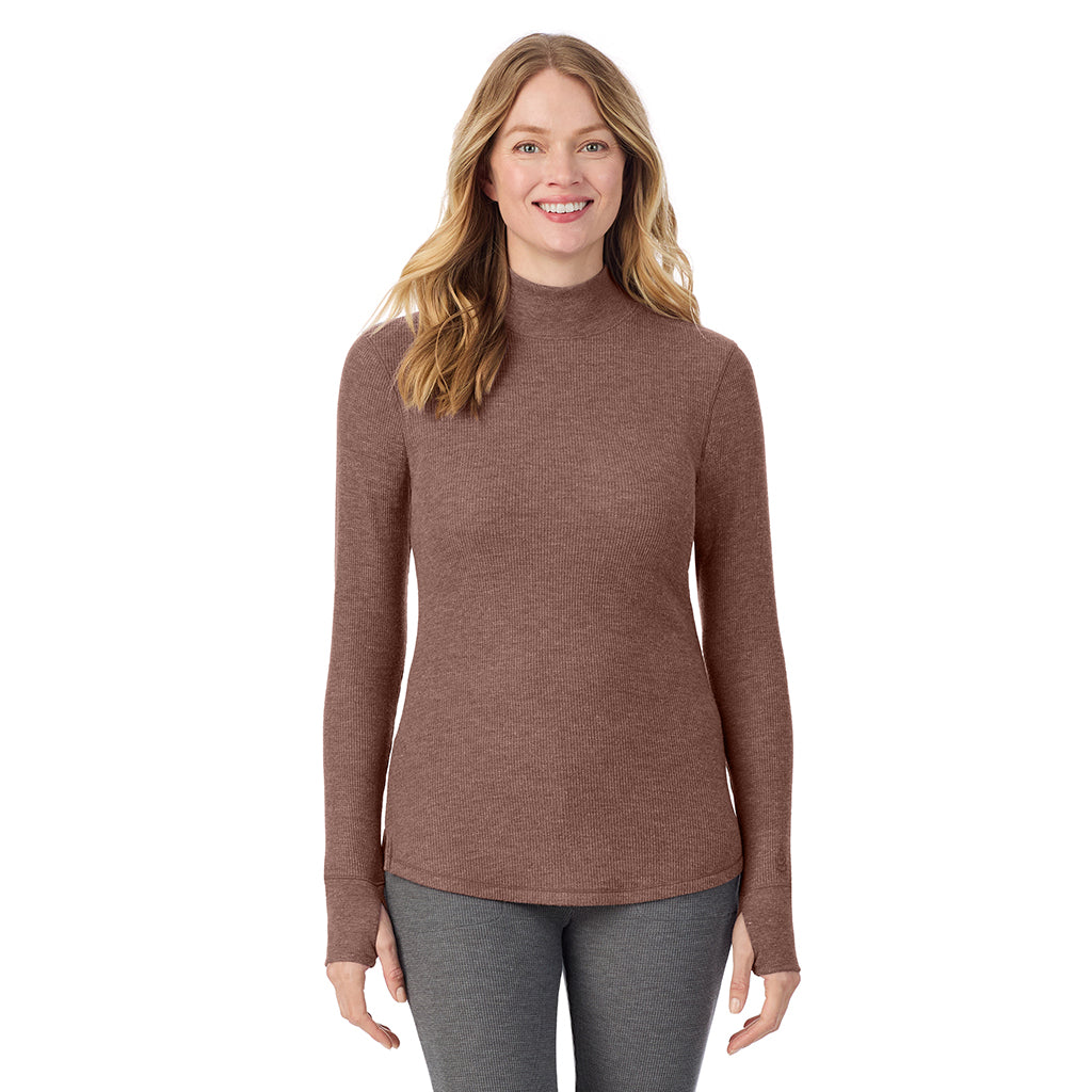  A lady is wearing a deep mahogany heather Cozy Stretch Thermal Long Sleeve Mock Neck