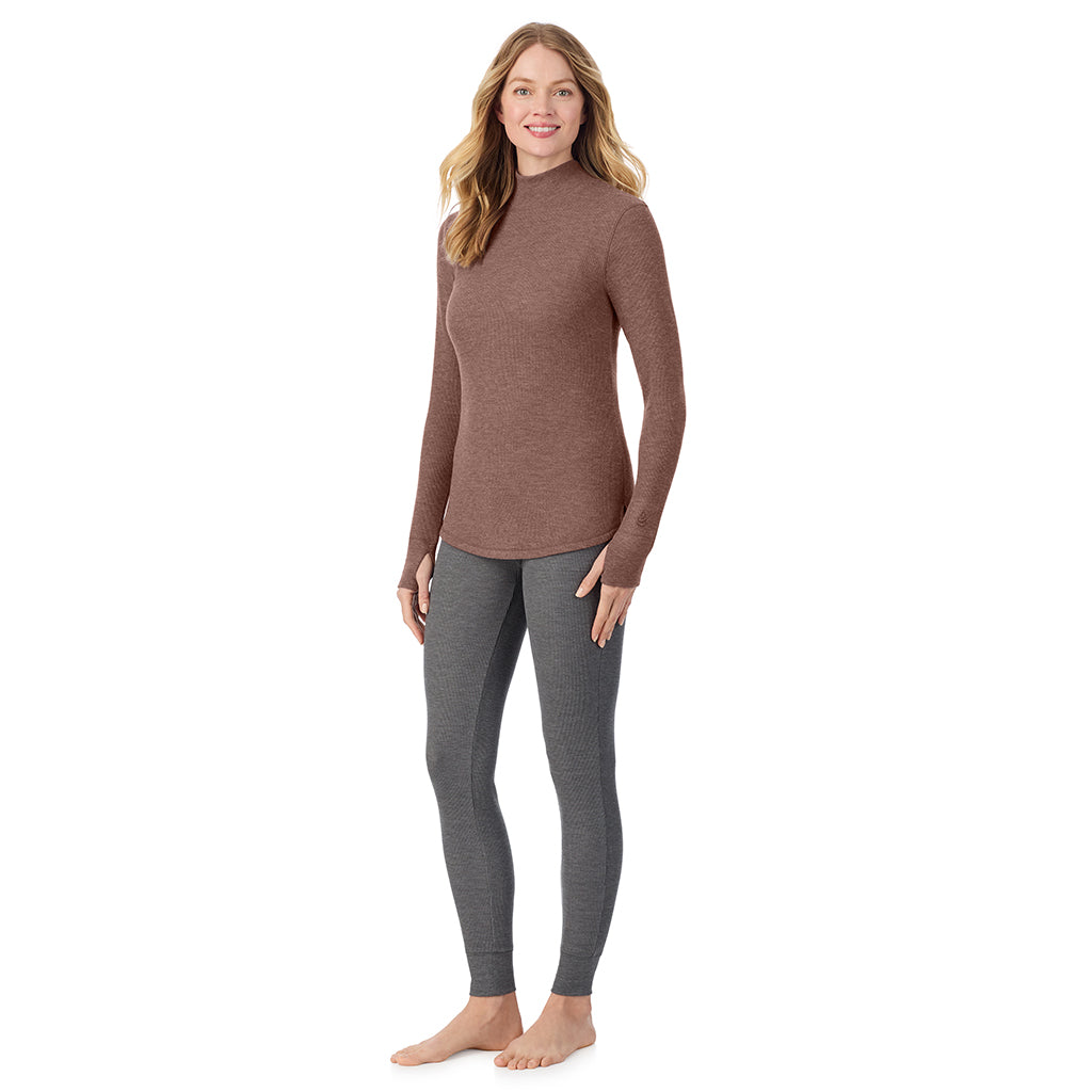  A lady is wearing a deep mahogany heather Cozy Stretch Thermal Long Sleeve Mock Neck