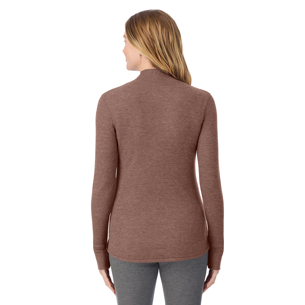  A lady is wearing a deep mahogany heather Cozy Stretch Thermal Long Sleeve Mock Neck
