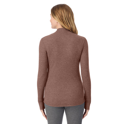 Deep Mahogany Heather; Model is wearing size S. She is 5'11", Bust 33", Waist 24", Hips 34".@ A lady is wearing a deep mahogany heather Cozy Stretch Thermal Long Sleeve Mock Neck