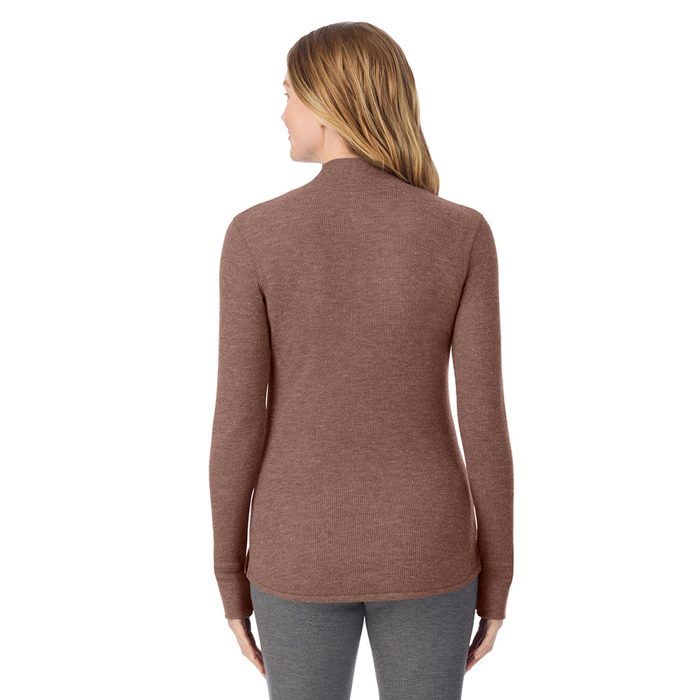 A lady is wearing a deep mahogany heather Cozy Stretch Thermal Long Sleeve Mock Neck