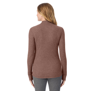  A lady is wearing a deep mahogany heather Cozy Stretch Thermal Long Sleeve Mock Neck