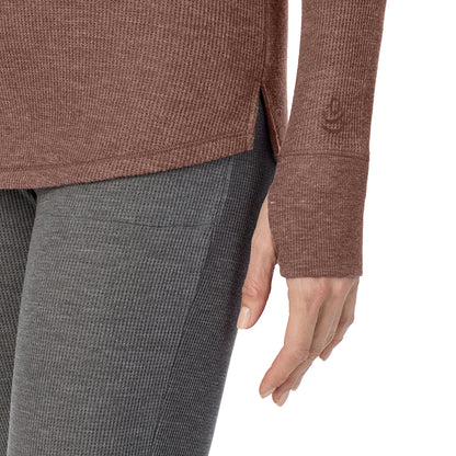 Deep Mahogany Heather; Model is wearing size S. She is 5'11", Bust 33", Waist 24", Hips 34".@ A lady is wearing a deep mahogany heather Cozy Stretch Thermal Long Sleeve Mock Neck