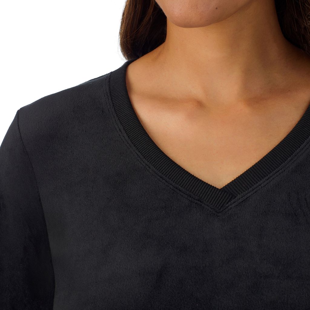 A lady wearing Stretch Velour Long Sleeve V-Neck
