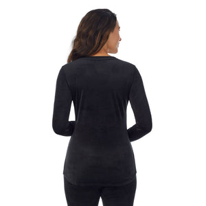 A lady wearing Stretch Velour Long Sleeve V-Neck
