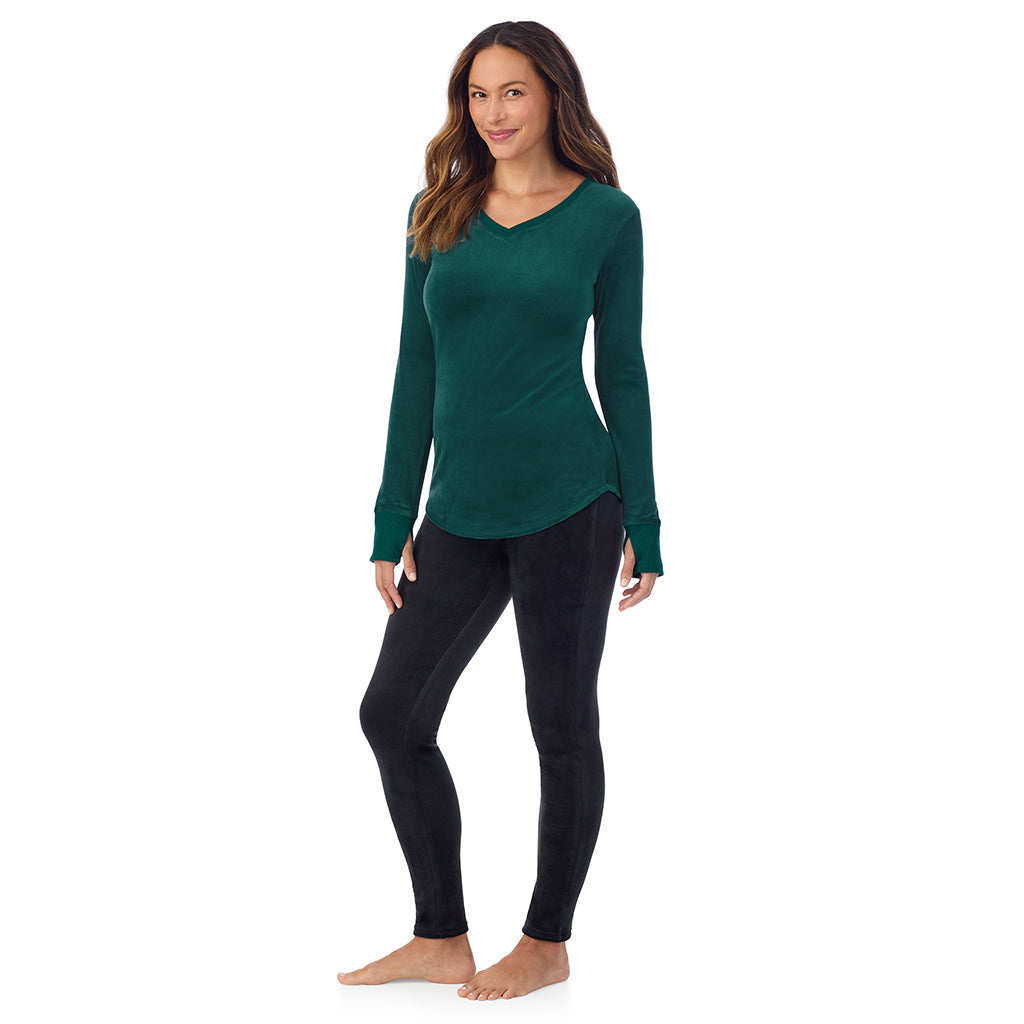 Dark Pine;Model is wearing size S. She is 5'8", Bust 34", Waist 24.5", Hips 35".
@A lady wearing Stretch Velour Long Sleeve V-Neck
