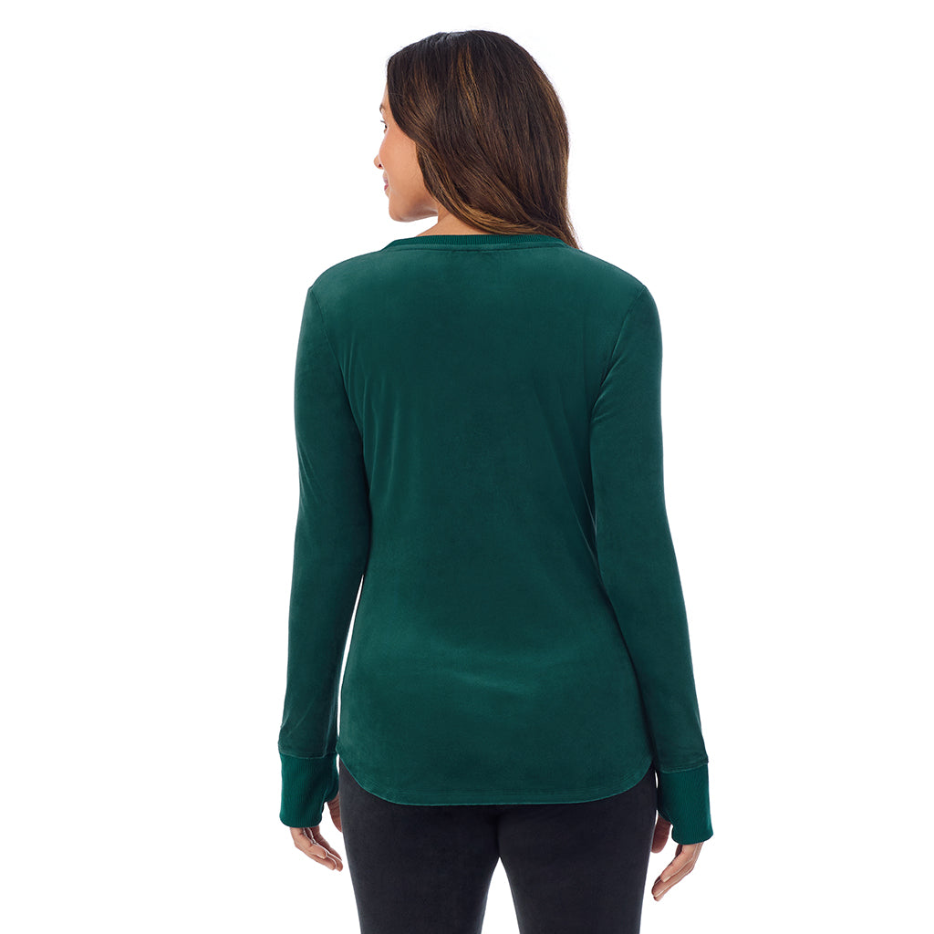 A lady wearing Stretch Velour Long Sleeve V-Neck
