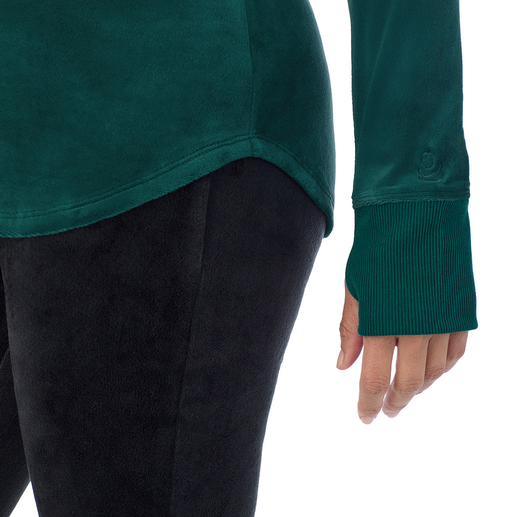 A lady wearing Stretch Velour Long Sleeve V-Neck
