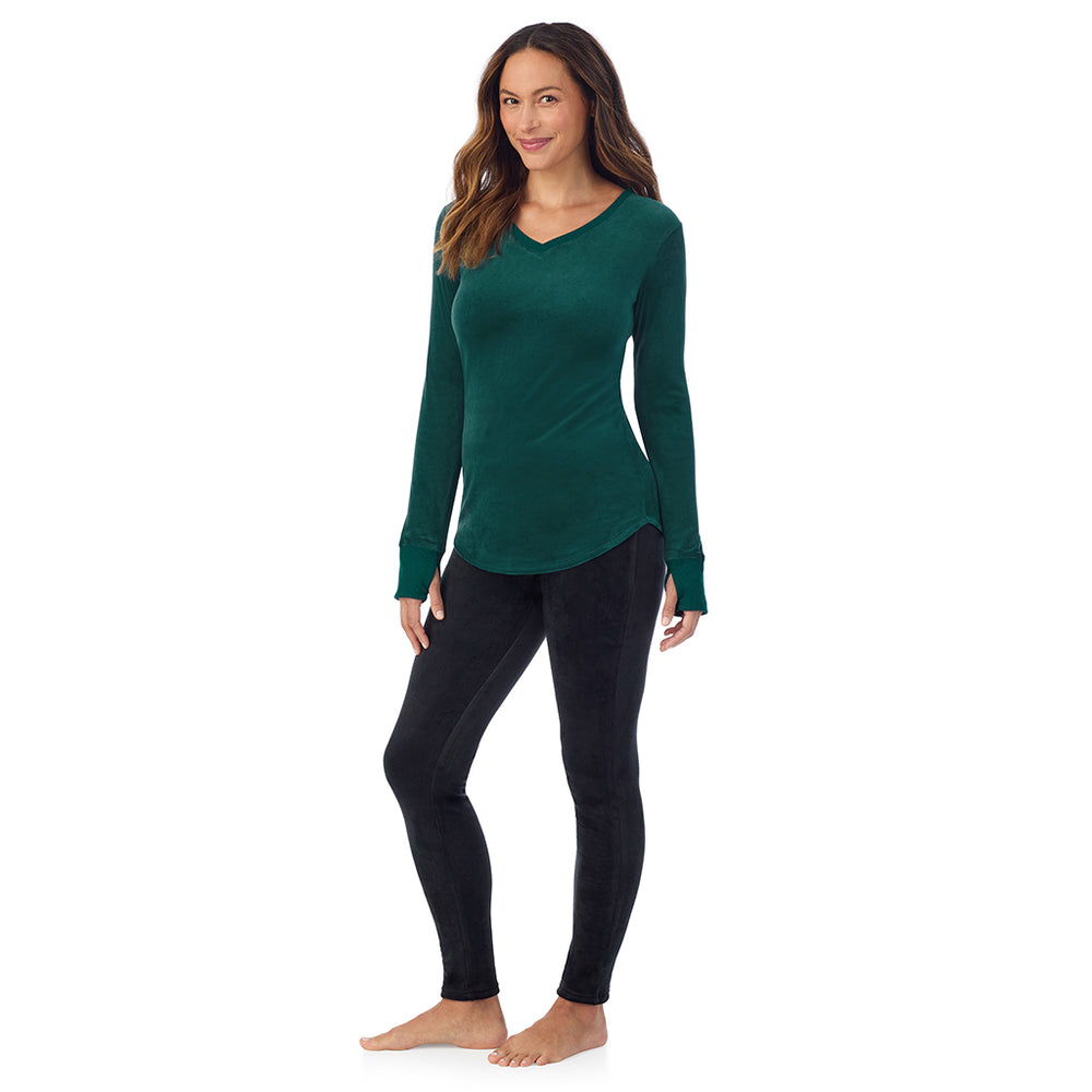 A lady wearing Stretch Velour Long Sleeve V-Neck