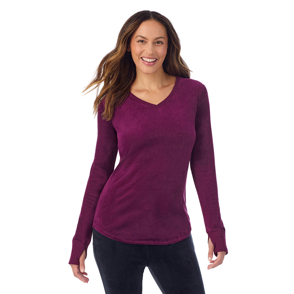 A lady wearing Stretch Velour Long Sleeve V-Neck