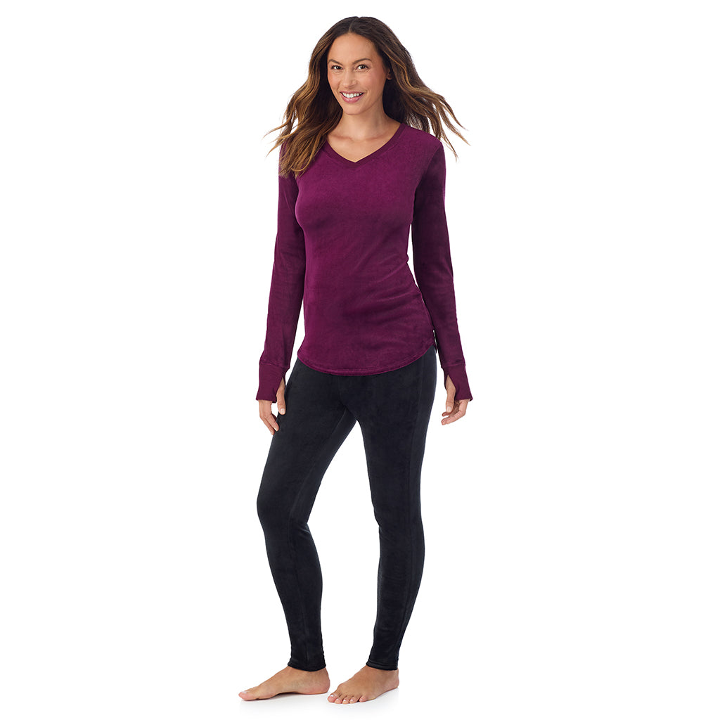 A lady wearing Stretch Velour Long Sleeve V-Neck
