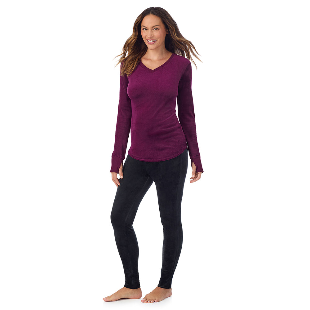 A lady wearing Stretch Velour Long Sleeve V-Neck