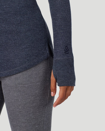 A lady wearing Cozy Stretch Thermal Long Sleeve Mock Neck in Medieval Blue Heather