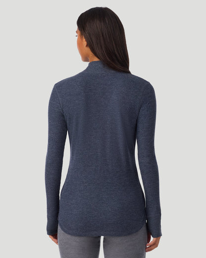 A lady wearing Cozy Stretch Thermal Long Sleeve Mock Neck in Medieval Blue Heather