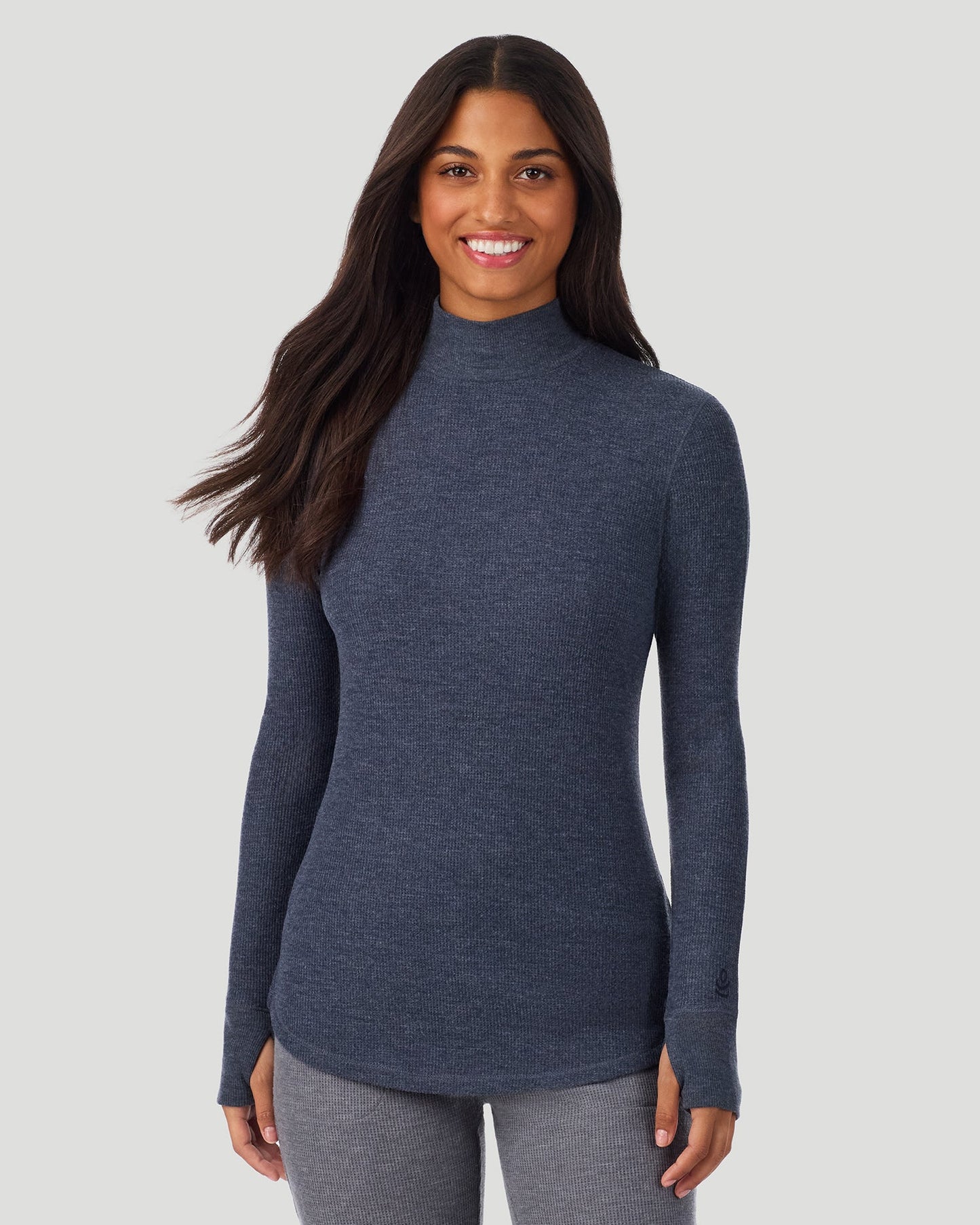 Medieval Blue Heather;@A lady wearing Cozy Stretch Thermal Long Sleeve Mock Neck in Medieval Blue Heather
