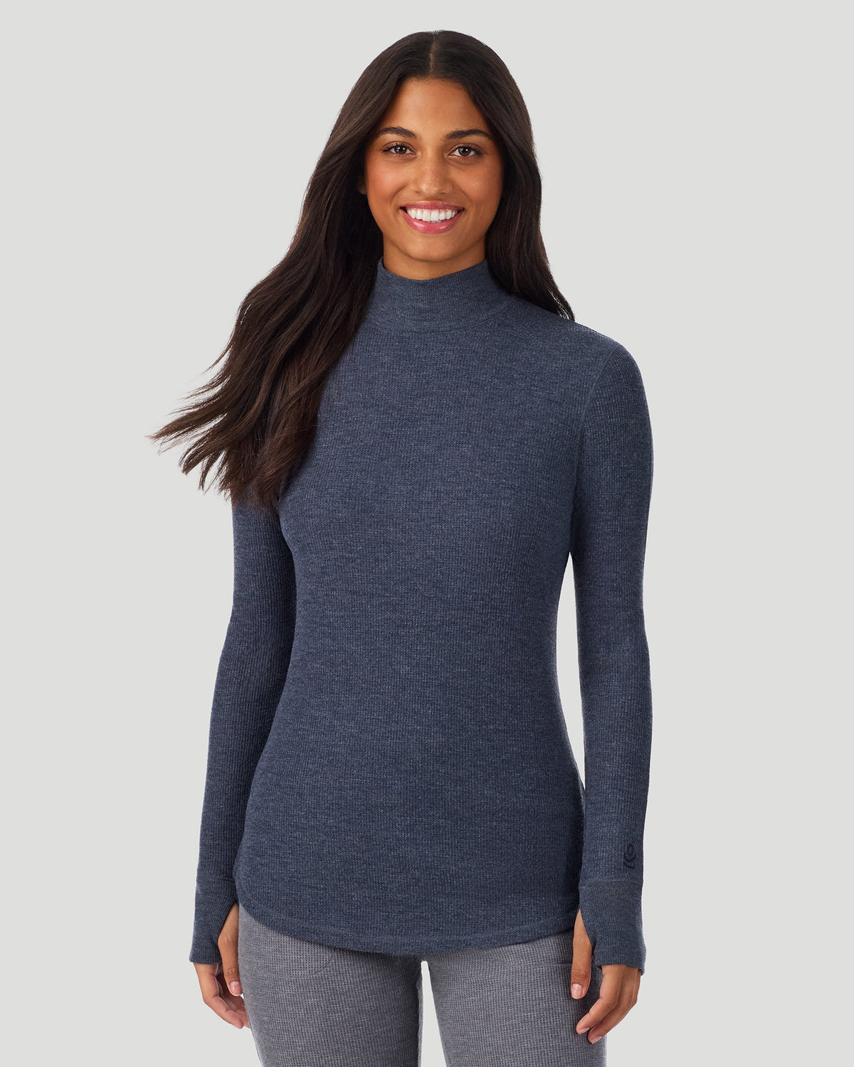 A lady wearing Cozy Stretch Thermal Long Sleeve Mock Neck in Medieval Blue Heather
